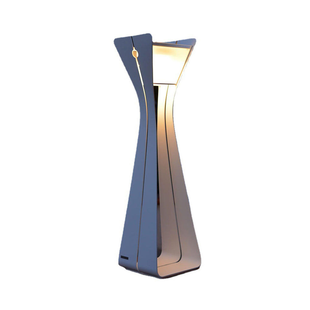 Dark-finish outdoor floor lamp for porches isolated on white background, showcasing its modern sculptural silhouette.