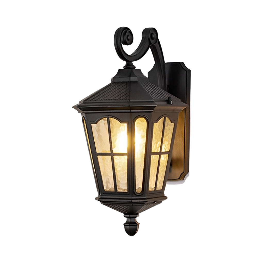 Outdoor front porch lights with a black finish, providing elegant light near a window.