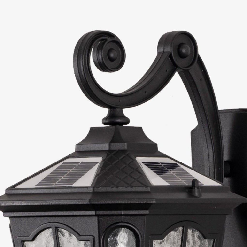 Outdoor front porch lights with a close-up of their decorative scroll arm.