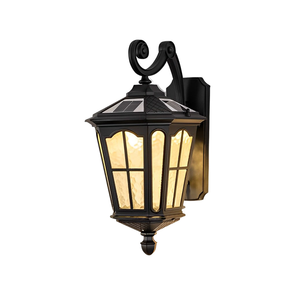 Outdoor front porch lights with a close-up of their top and mounting bracket.