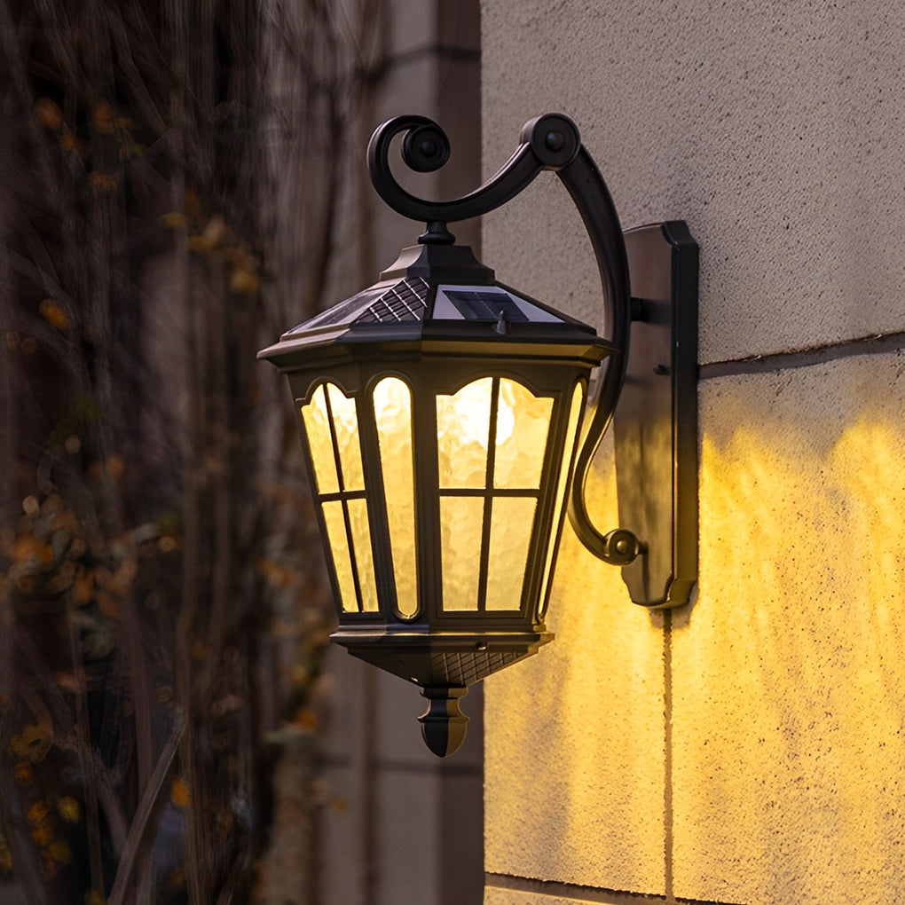 Outdoor front porch lights with a close-up of their vintage glass and metal frame.