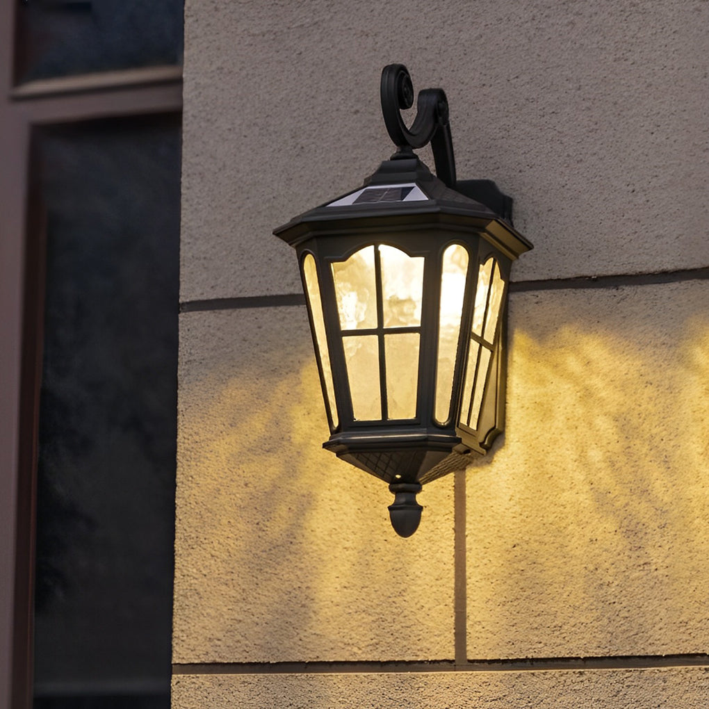 Outdoor front porch lights with a rustic design, enhancing an exterior wall at night.