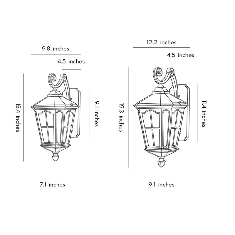Technical diagram showing dimensions and structure of outdoor front porch lights models.