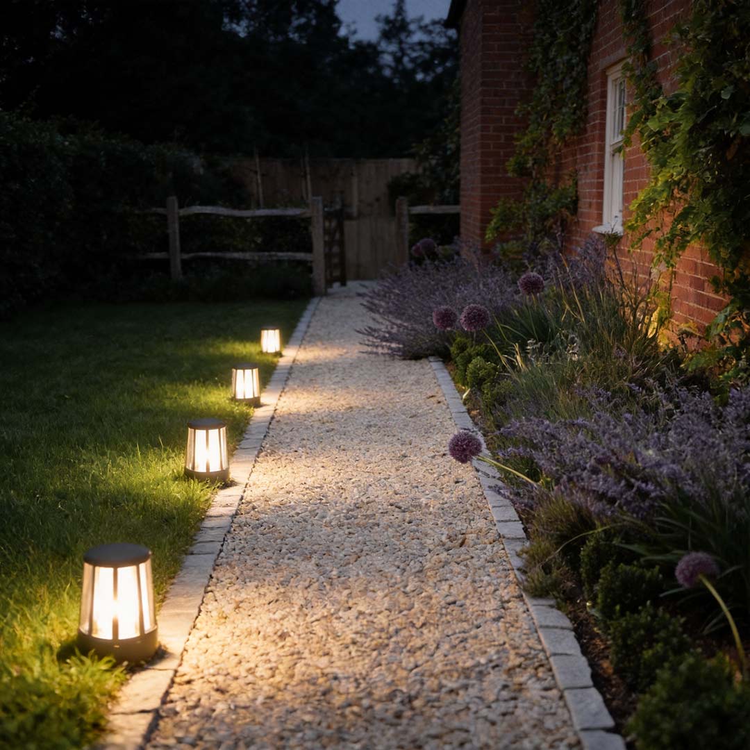 Outdoor garden path lamp providing warm light along a gravel garden walkway.
