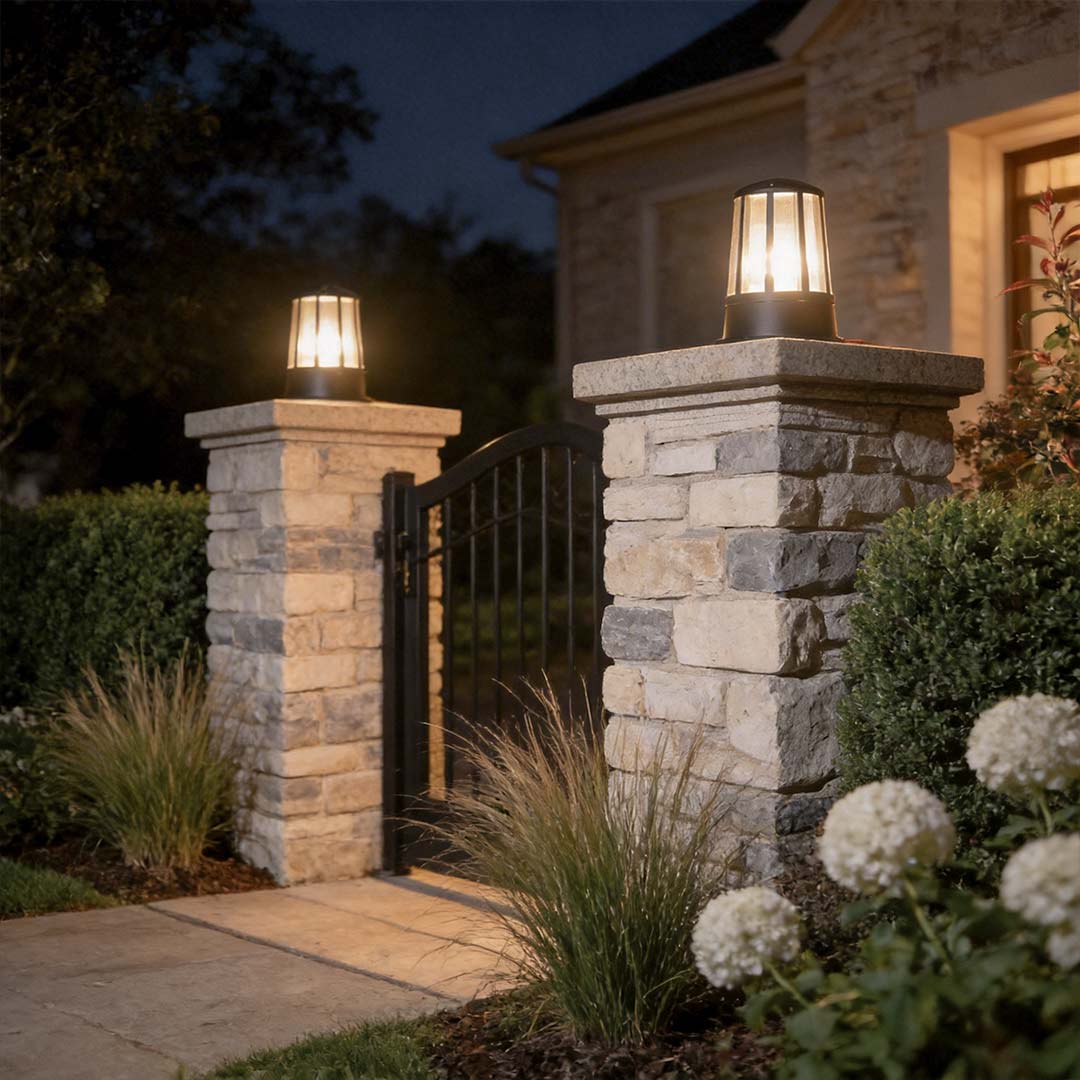 Outdoor garden path lamp illuminating a stone pillar at the entrance of a cozy home.