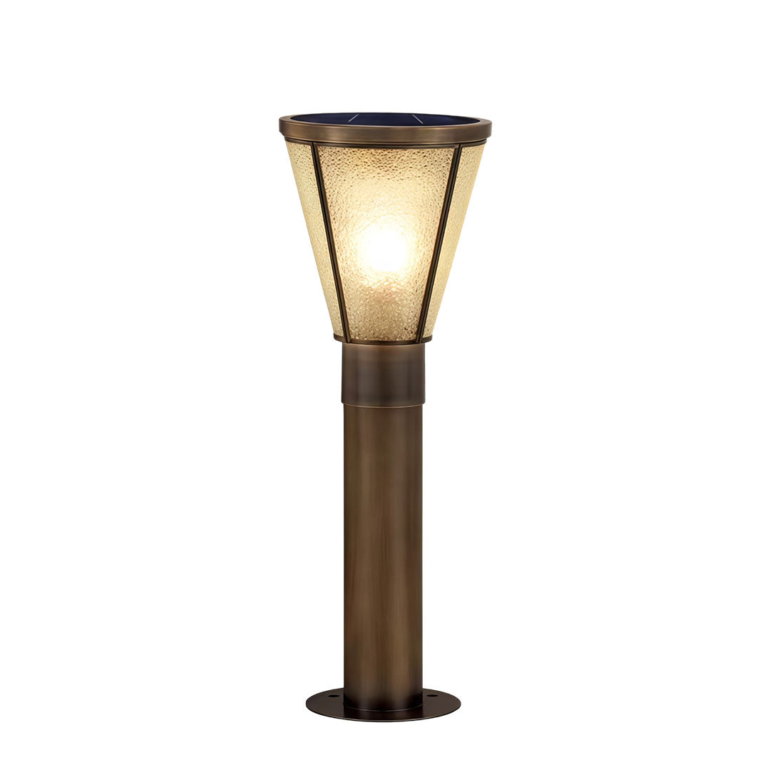 Outdoor garden path lights with a contemporary design, illuminating a backyard.