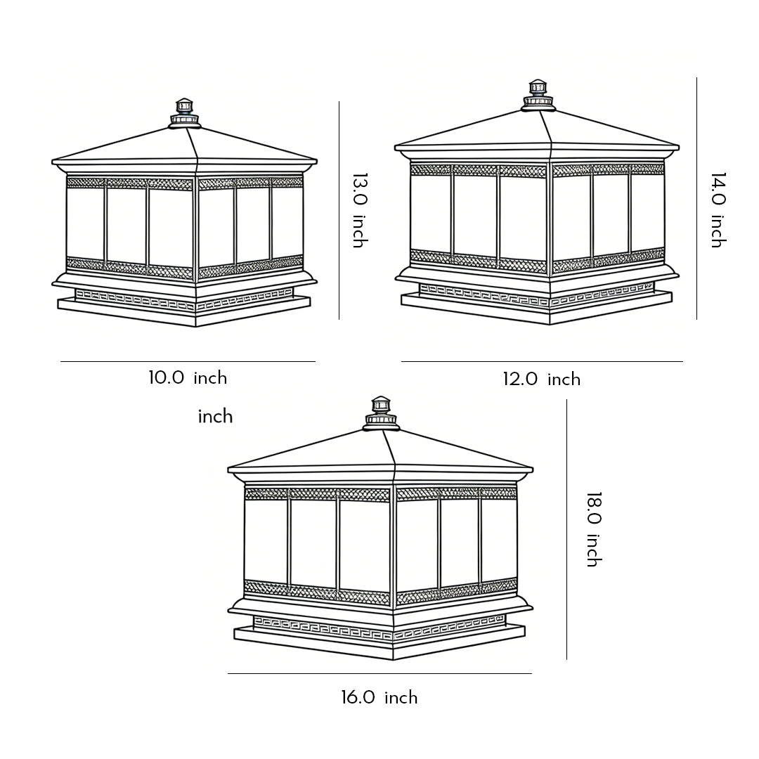 Outdoor pillar light size and dimension diagram for waterproof gate post lighting.