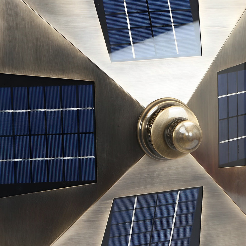 Outdoor gate pillar light installed on a masonry column near a front yard pathway.