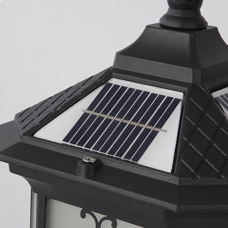 Outdoor gate pillar lights with frosted glass, providing gentle light for a cozy garden ambiance.