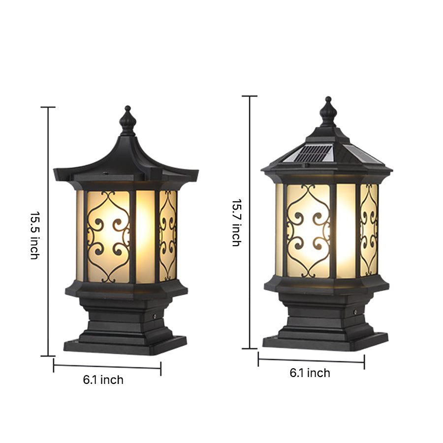 Outdoor gate pillar lights with a traditional design, providing timeless illumination for garden entrances.