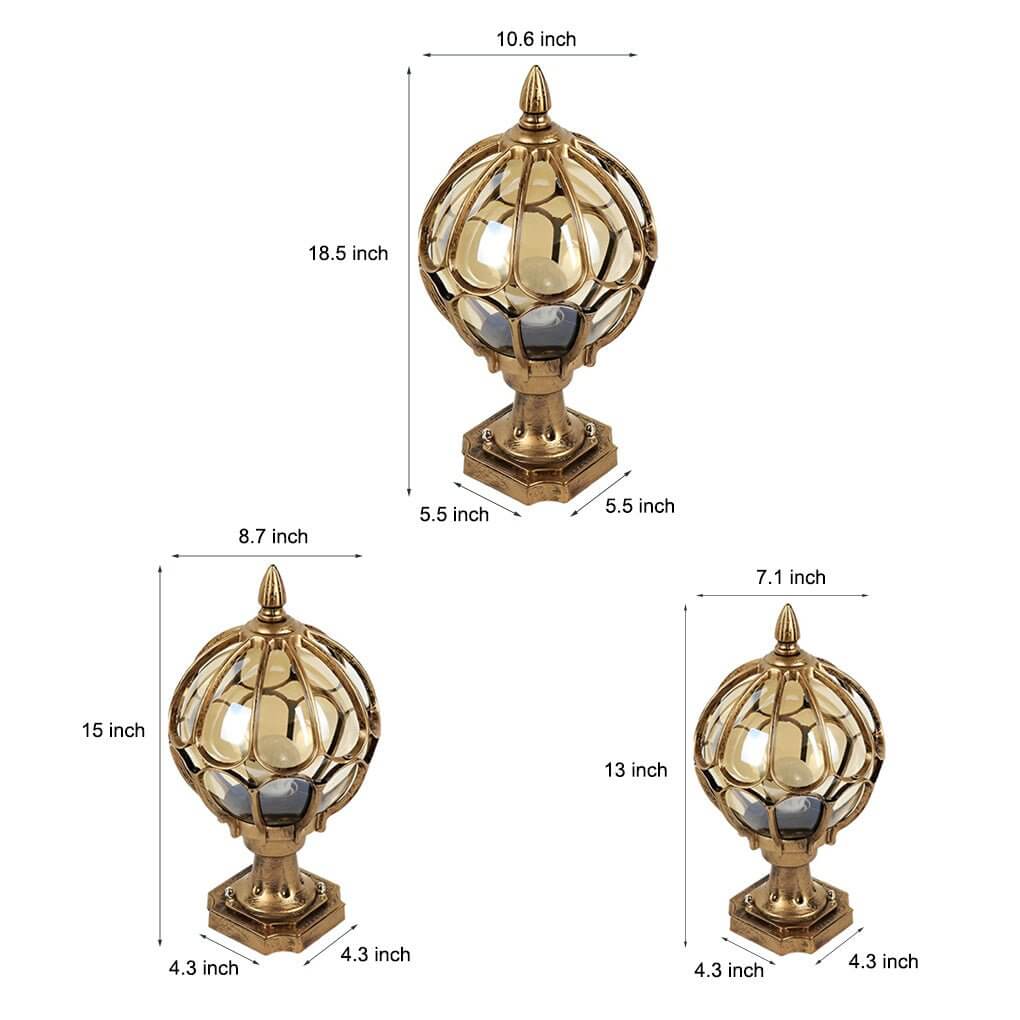 Technical dimension diagram of outdoor globe pillar lights showing multiple size options.