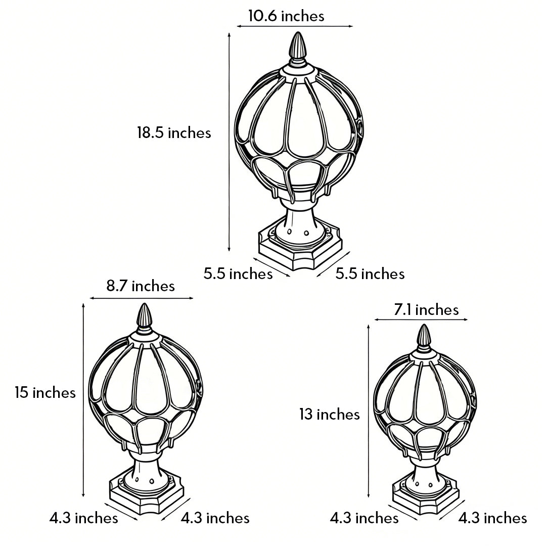 Outdoor globe pillar lights dimension drawing showing three size options and fixture measurements.