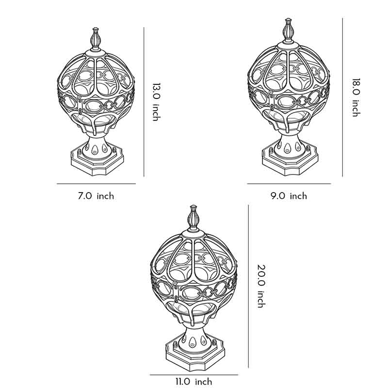 Technical diagram of outdoor globe pillar lights, showing dimensions and size variations for installation.