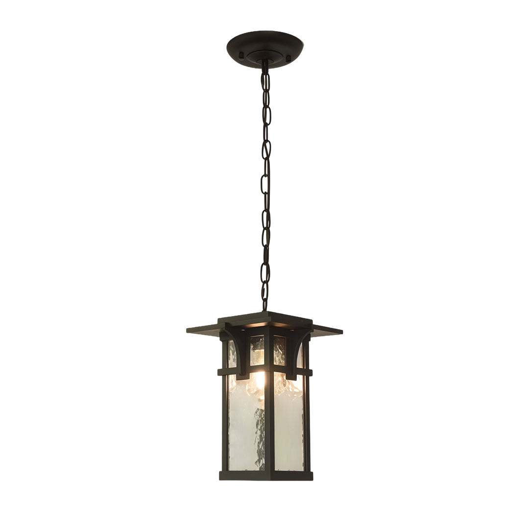 Outdoor hanging ceiling light fixtures with a black finish, providing warm illumination.