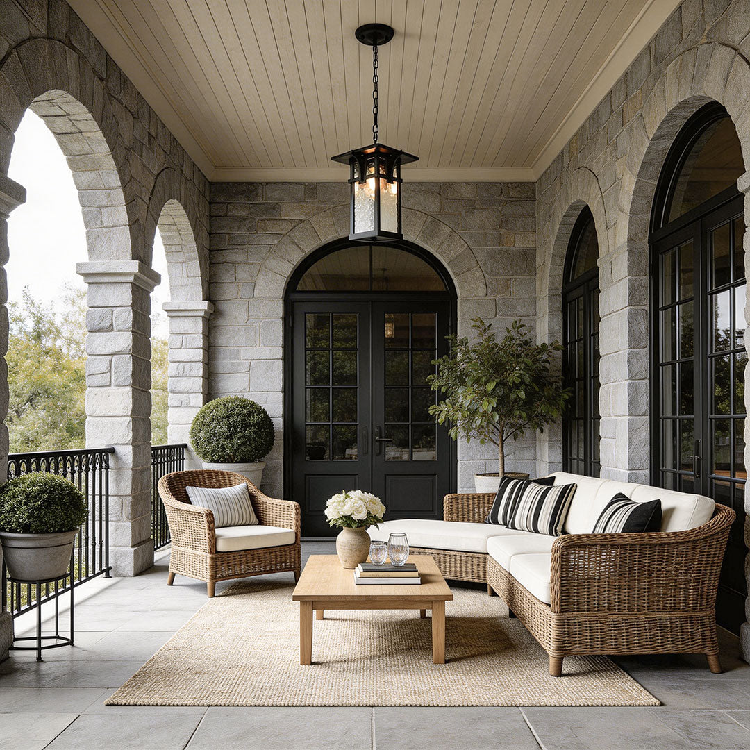 Outdoor hanging ceiling light fixtures with a classic design, enhancing a cozy outdoor seating area.