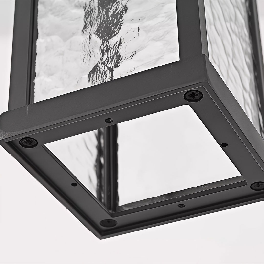 Close-up of outdoor hanging ceiling light fixtures showcasing frosted glass panels.