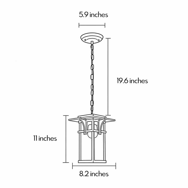 Technical diagram of outdoor hanging ceiling light fixtures showing dimensions and installation details.