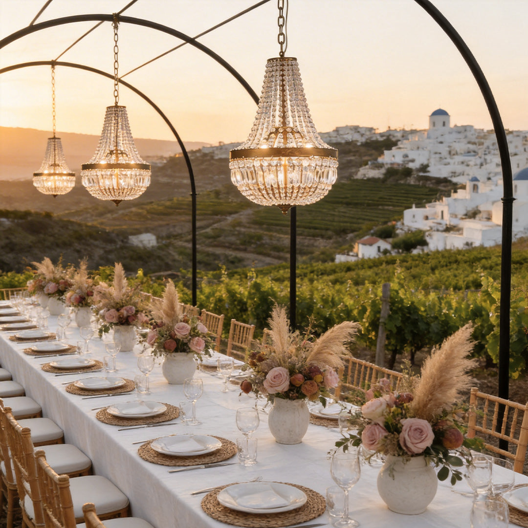 Outdoor hanging lantern light fixtures with a vintage design, enhancing a sunset garden party.