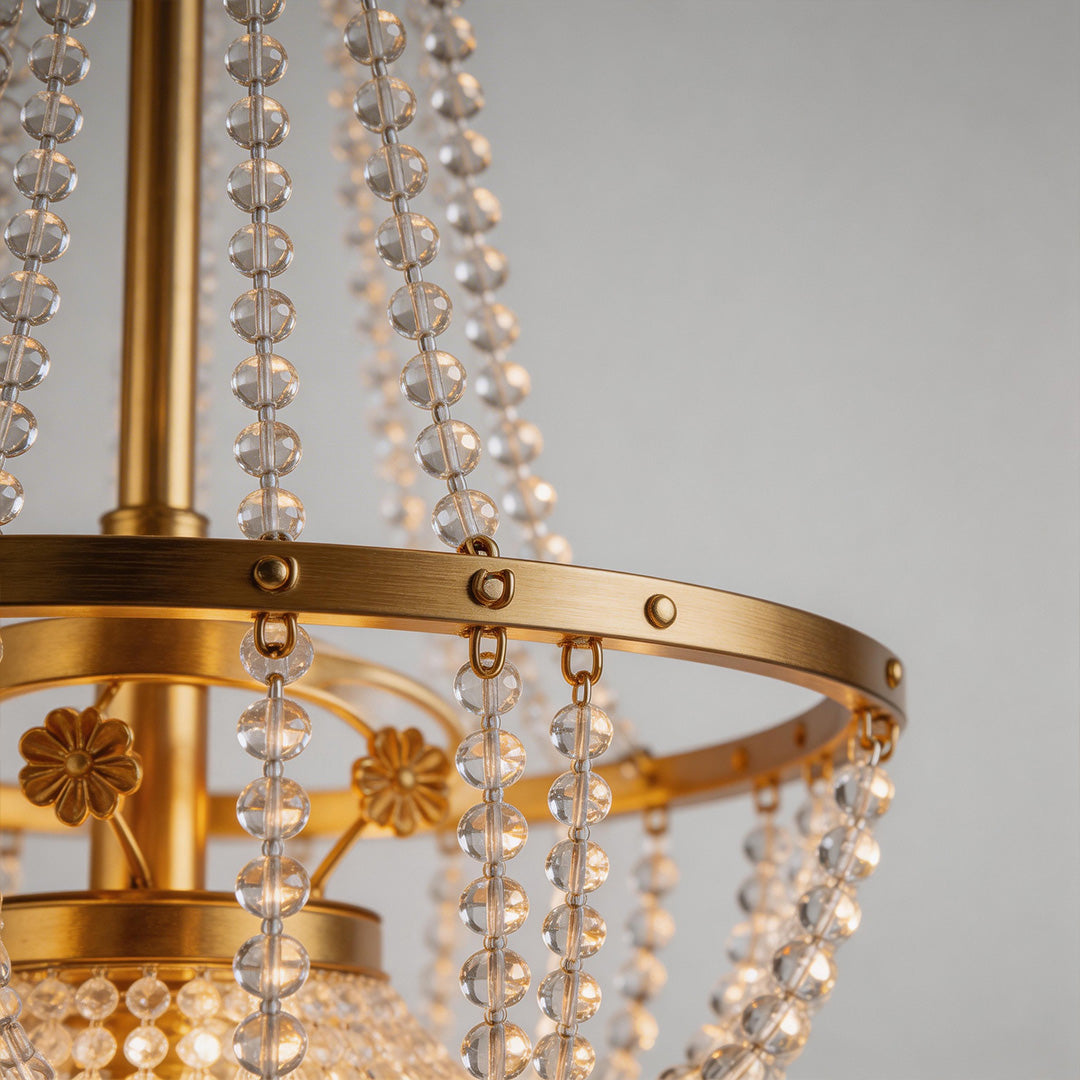 Outdoor hanging light fixture with crystal details, providing ambient lighting.
