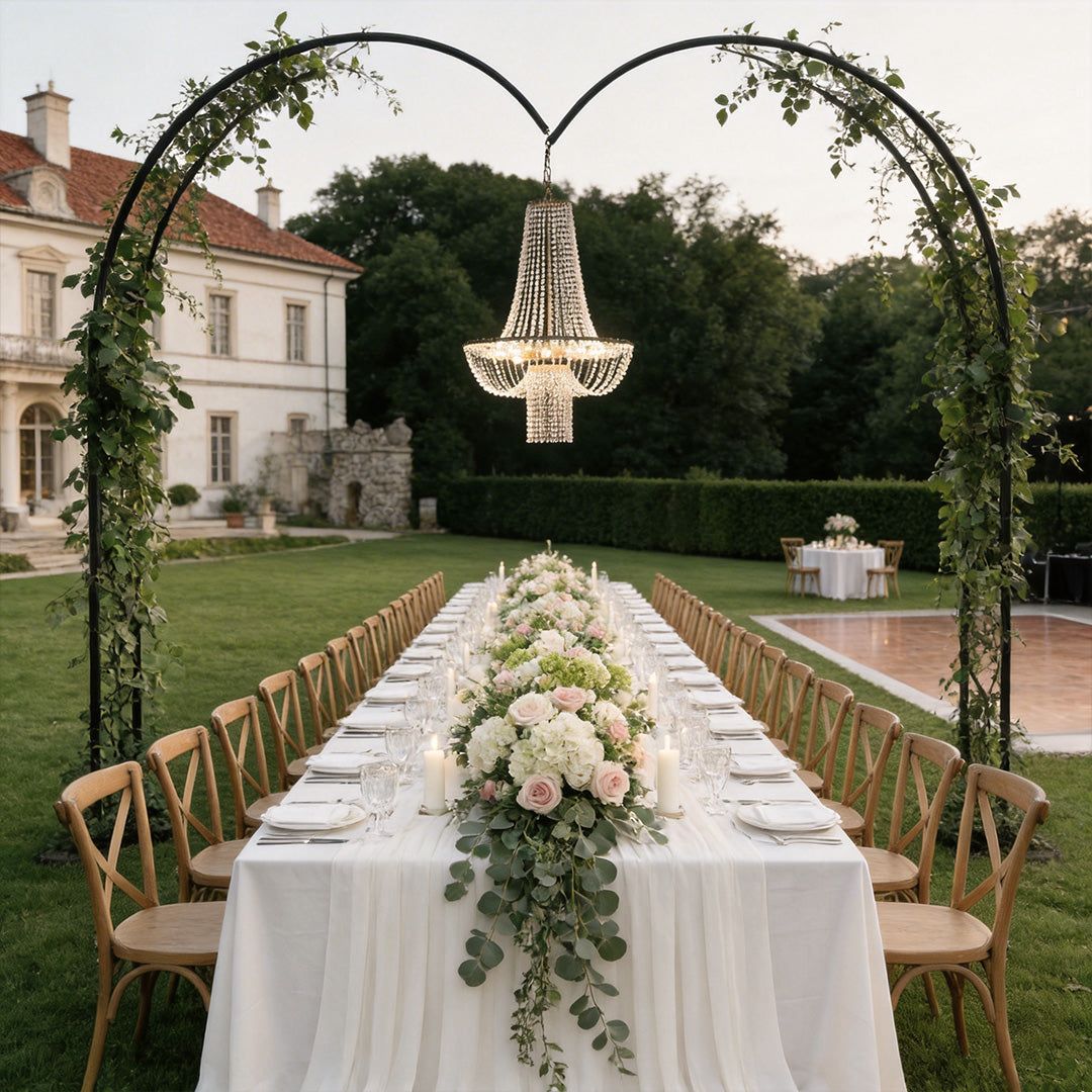 Outdoor hanging light fixture with a vintage design, enhancing a wedding setup.