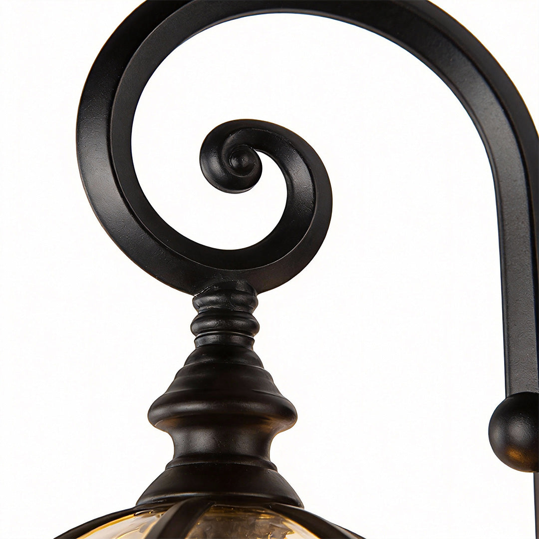 Outdoor hanging lights for patio with a close-up of the decorative top.