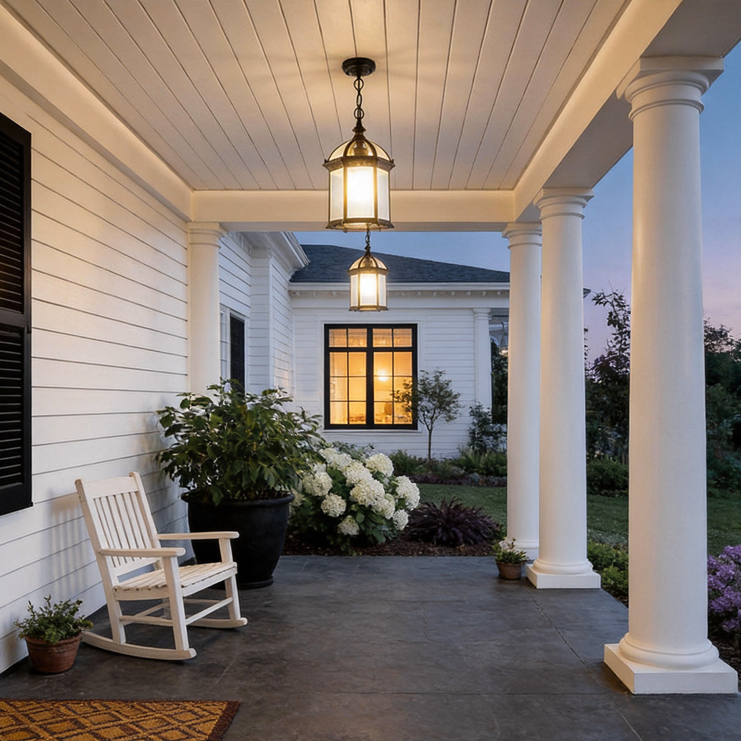 Outdoor hanging lights for patio providing elegant lighting above a porch seating.