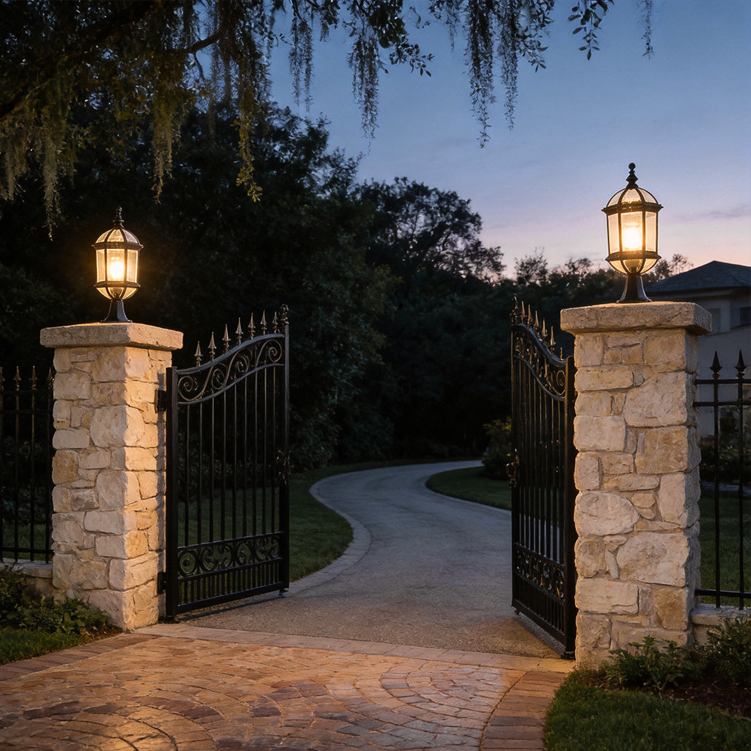 Outdoor hanging lights for patio enhancing a modern house entrance with soft light.