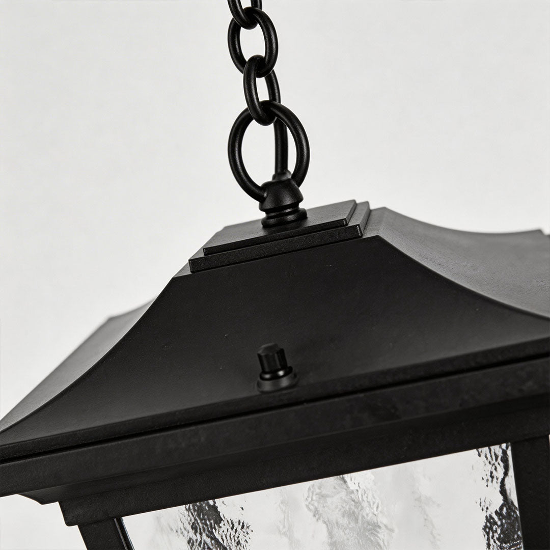 Outdoor hanging lights for porch with a classic design, suspended by a chain.