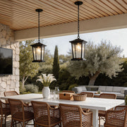 Outdoor hanging lights for porch with a classic design, illuminating a cozy dining area.