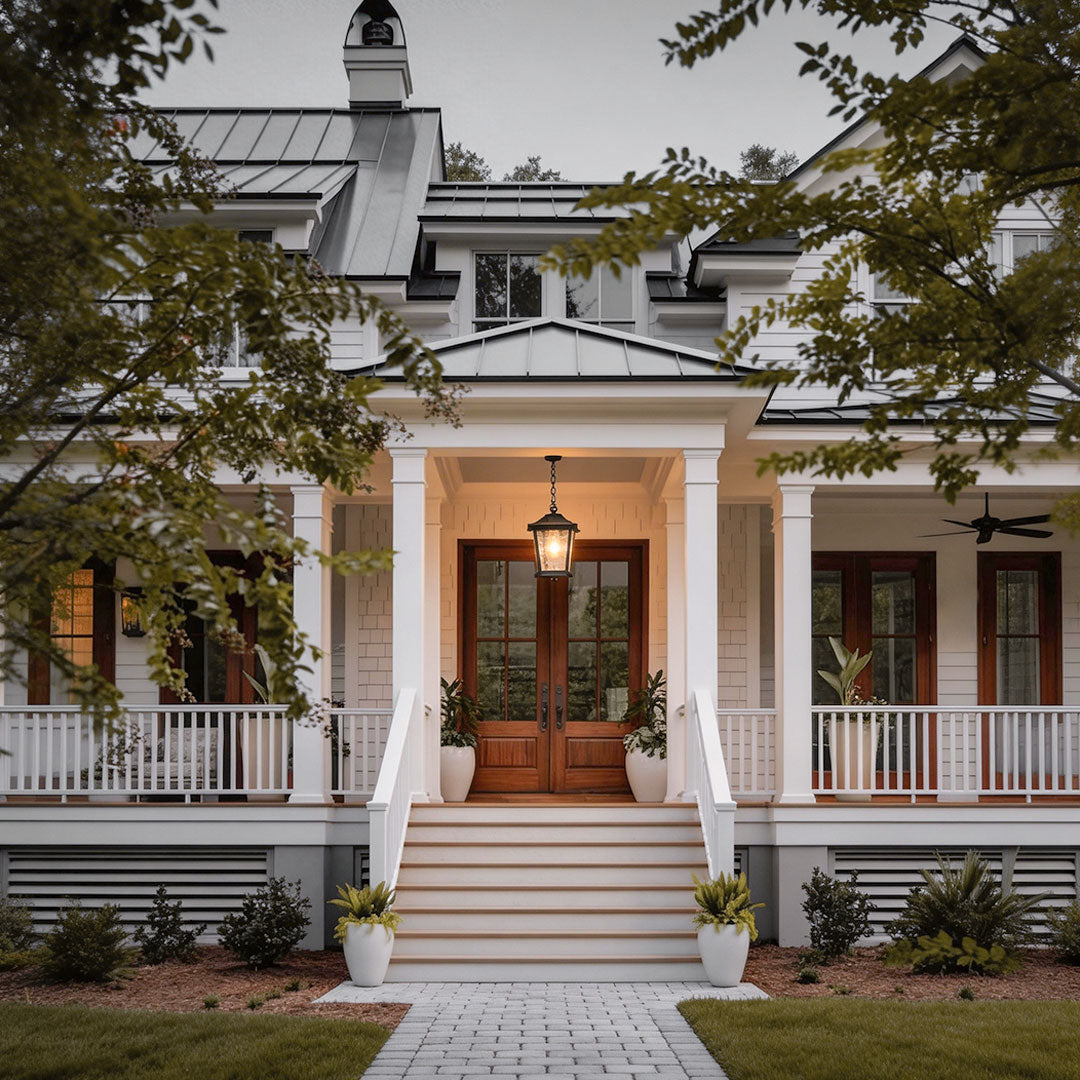 Outdoor hanging lights for porch with a classic design, mounted above a wooden gate.