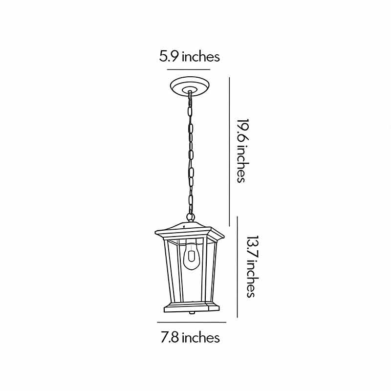 Technical diagram of outdoor hanging lights for porch showing dimensions and installation details.
