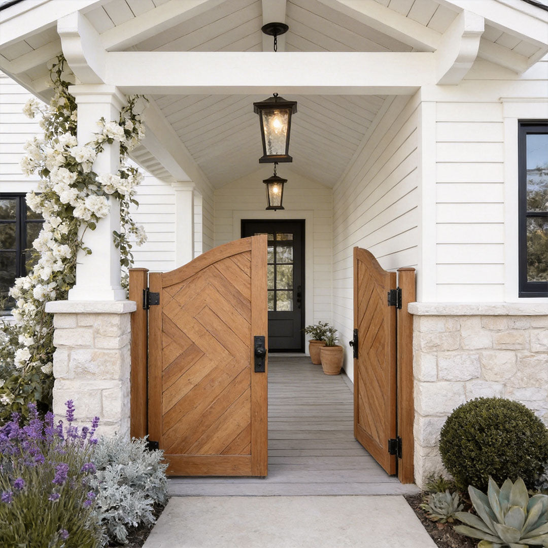 Outdoor hanging lights for porch with a vintage design, enhancing a white porch entrance.