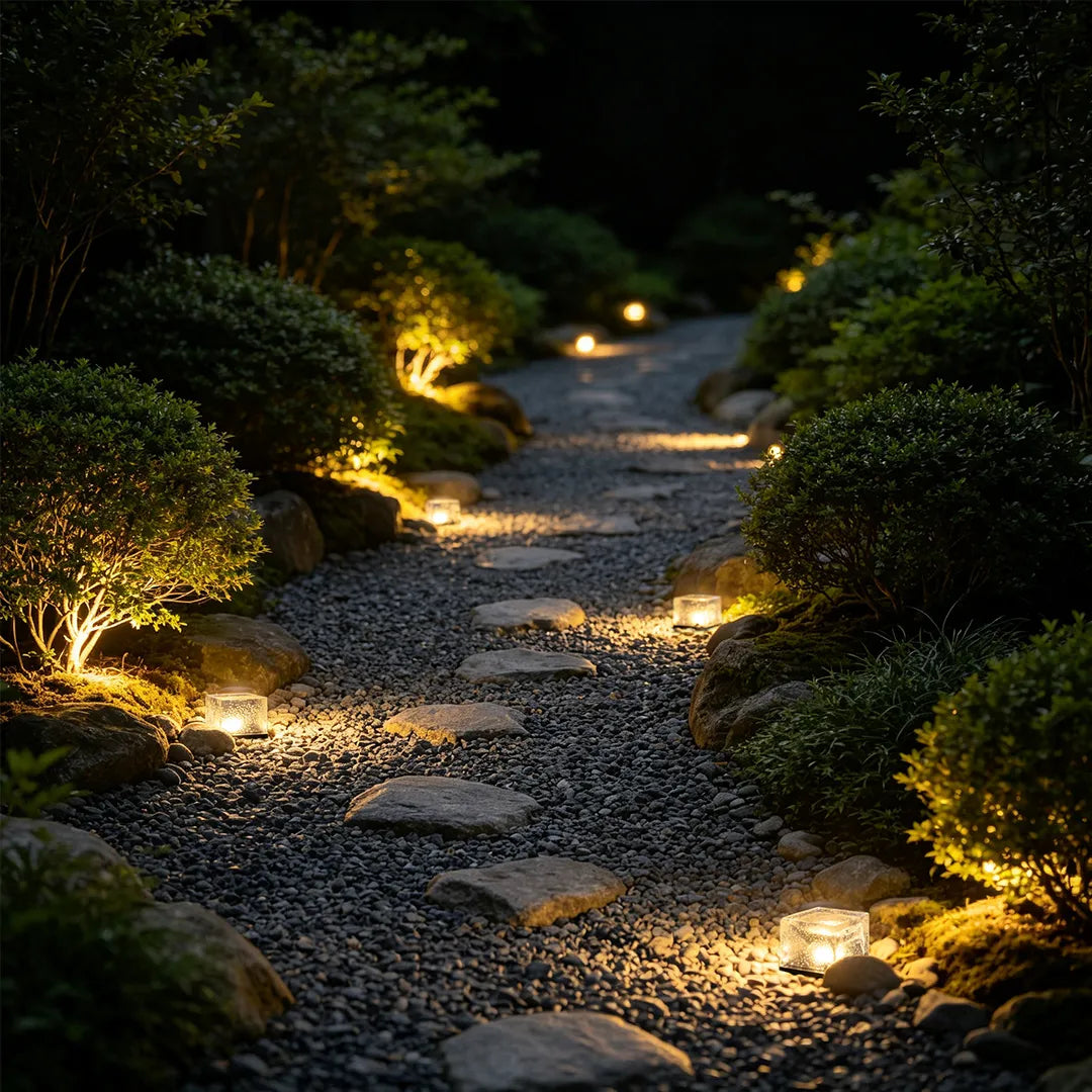 Outdoor ice cube lights lining a curved garden path, providing warm accent lighting through the landscaped yard.