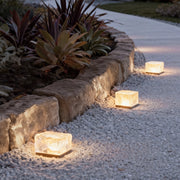 Outdoor ice cube lights installed along a garden walkway edge at dusk.