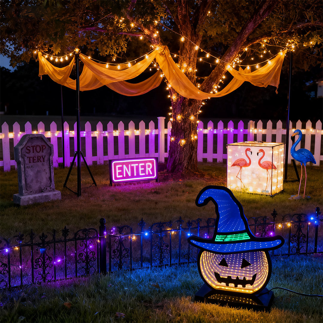 Outdoor scene with an infinity mirror halloween pumpkin lights wearing a blue witch hat among yard decor.