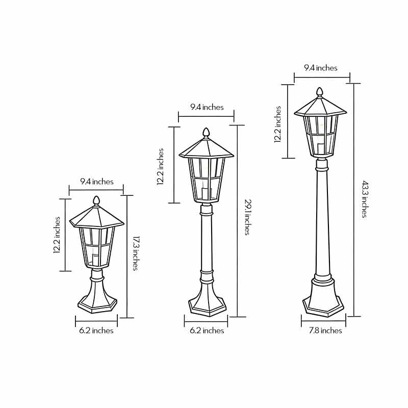 Technical diagram of outdoor landscape path lighting showing dimensions and installation details.