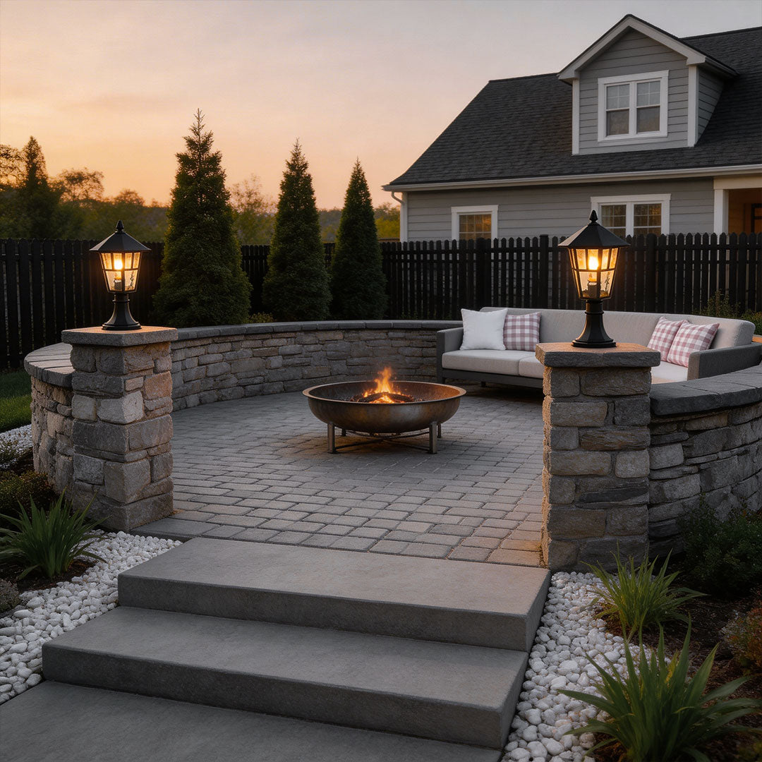 Outdoor landscape path lighting with a warm glow, illuminating a cozy backyard patio.