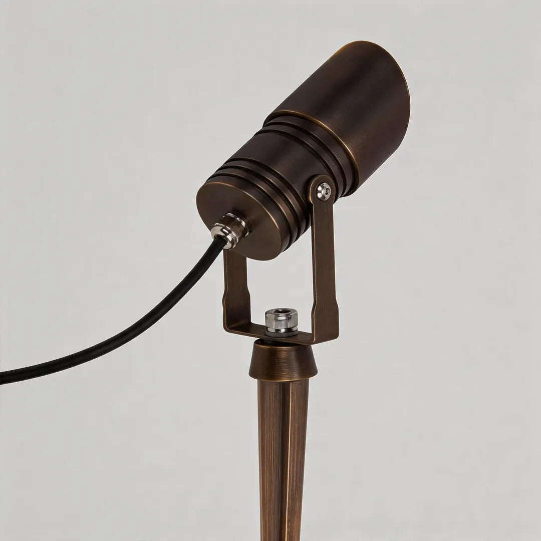 Outdoor landscape spotlight with adjustable bracket bronze housing and ground stake