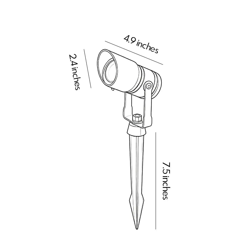 Outdoor landscape spotlight size guide showing fixture dimensions and ground stake