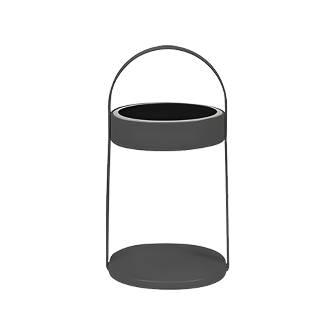 Black and white portable outdoor landscaping lighting lantern with simple round silhouette.