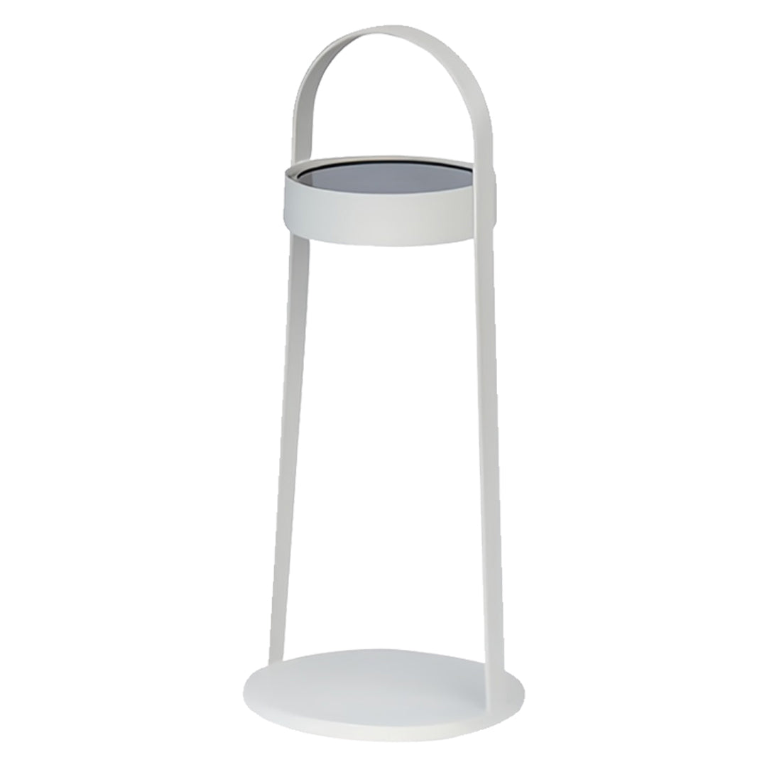 White outdoor landscaping lighting lantern with clear body and rounded metal handle.