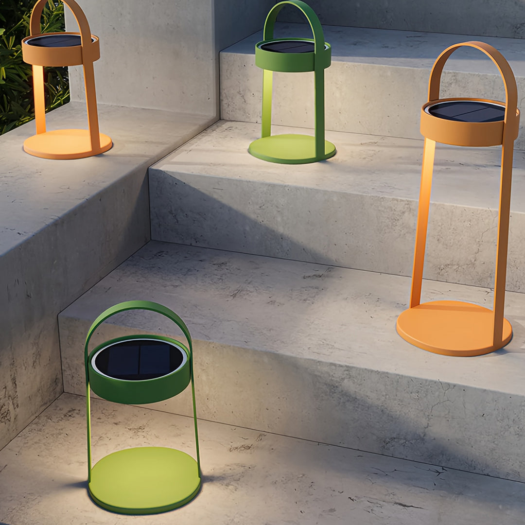 Outdoor landscaping lighting lanterns placed in garden scene with greenery and soft glow.