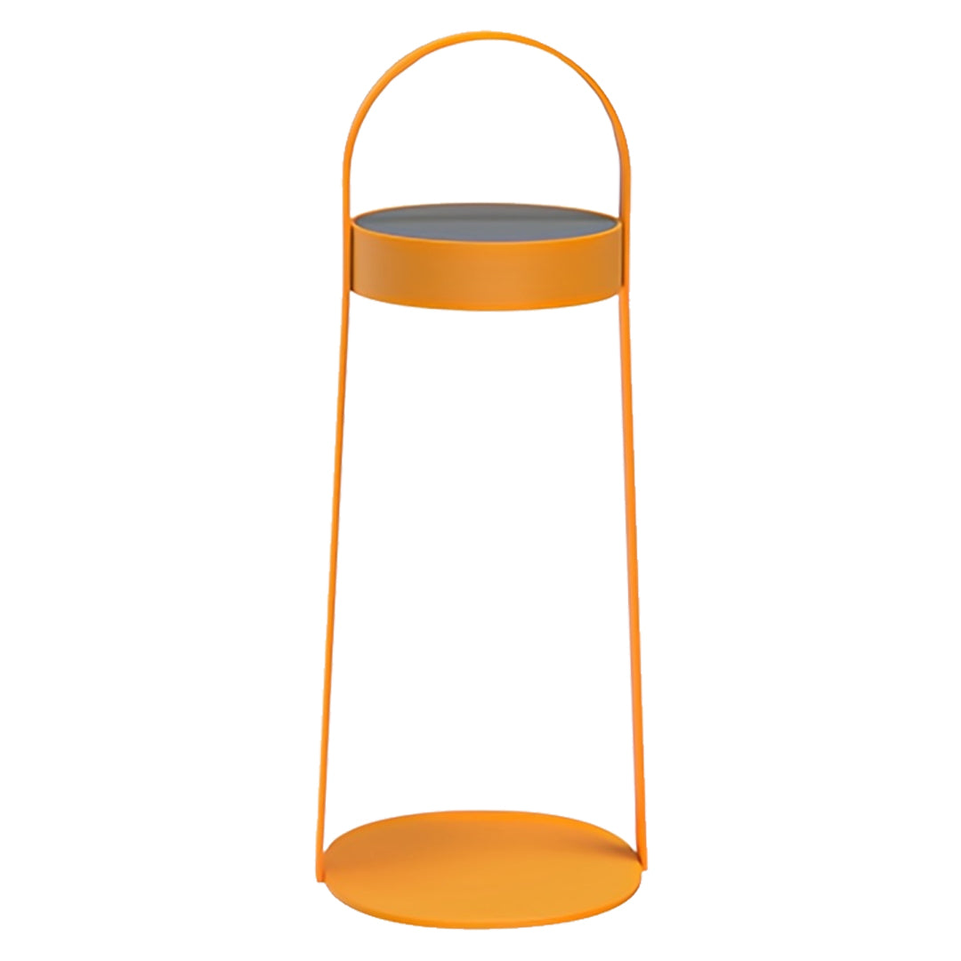 Orange outdoor landscaping lighting lantern with translucent cylindrical shell.