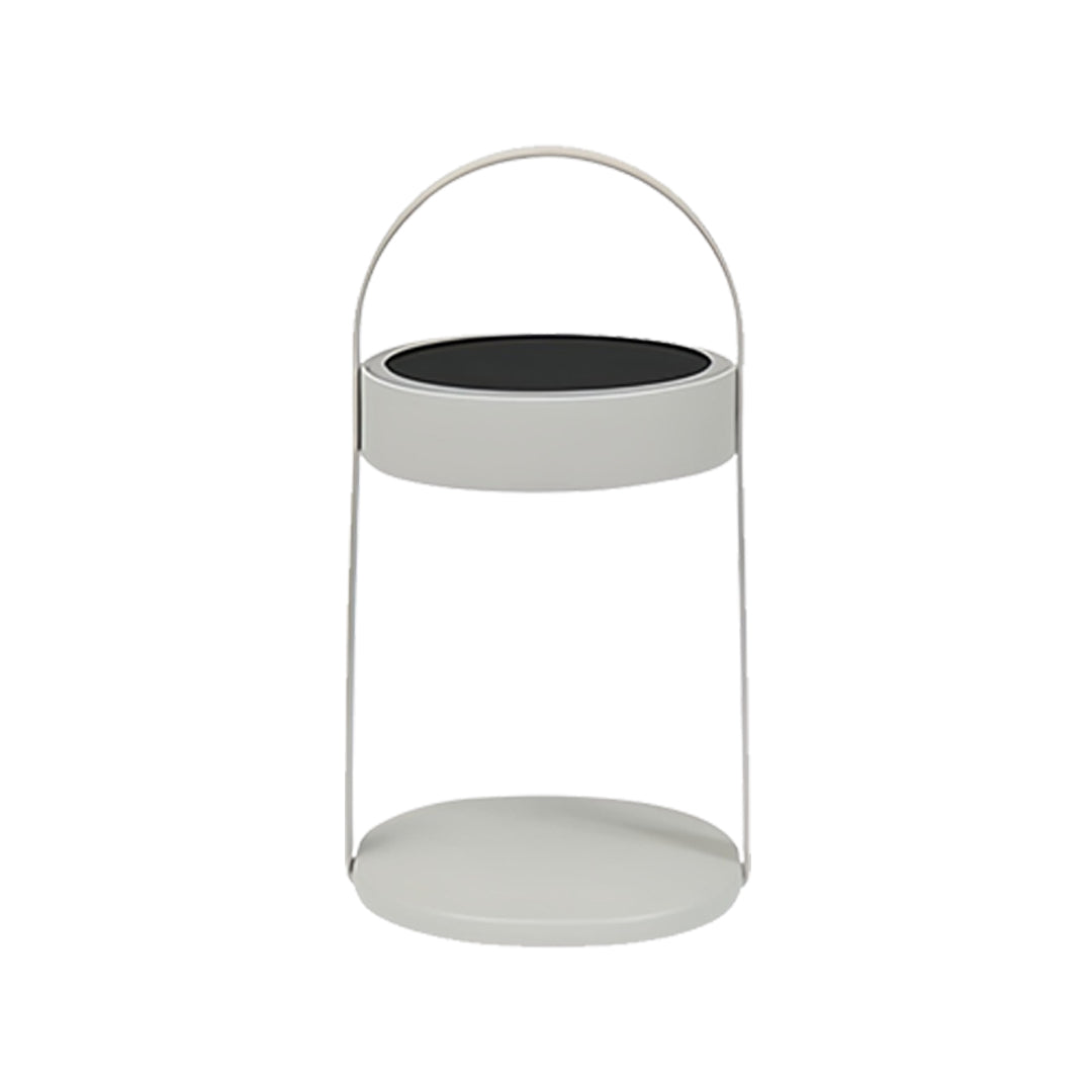 White portable outdoor landscaping lighting lantern featuring a sleek minimal handle.