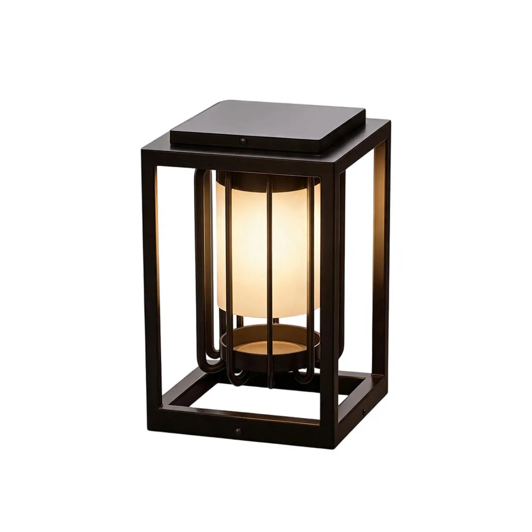 Outdoor lantern light fixture with a black open-frame design and warm cylindrical inner light.