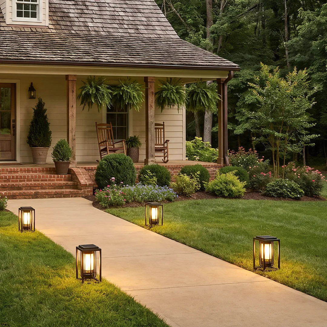 Outdoor lantern light fixture lining a front walkway leading to a cozy cottage-style home.