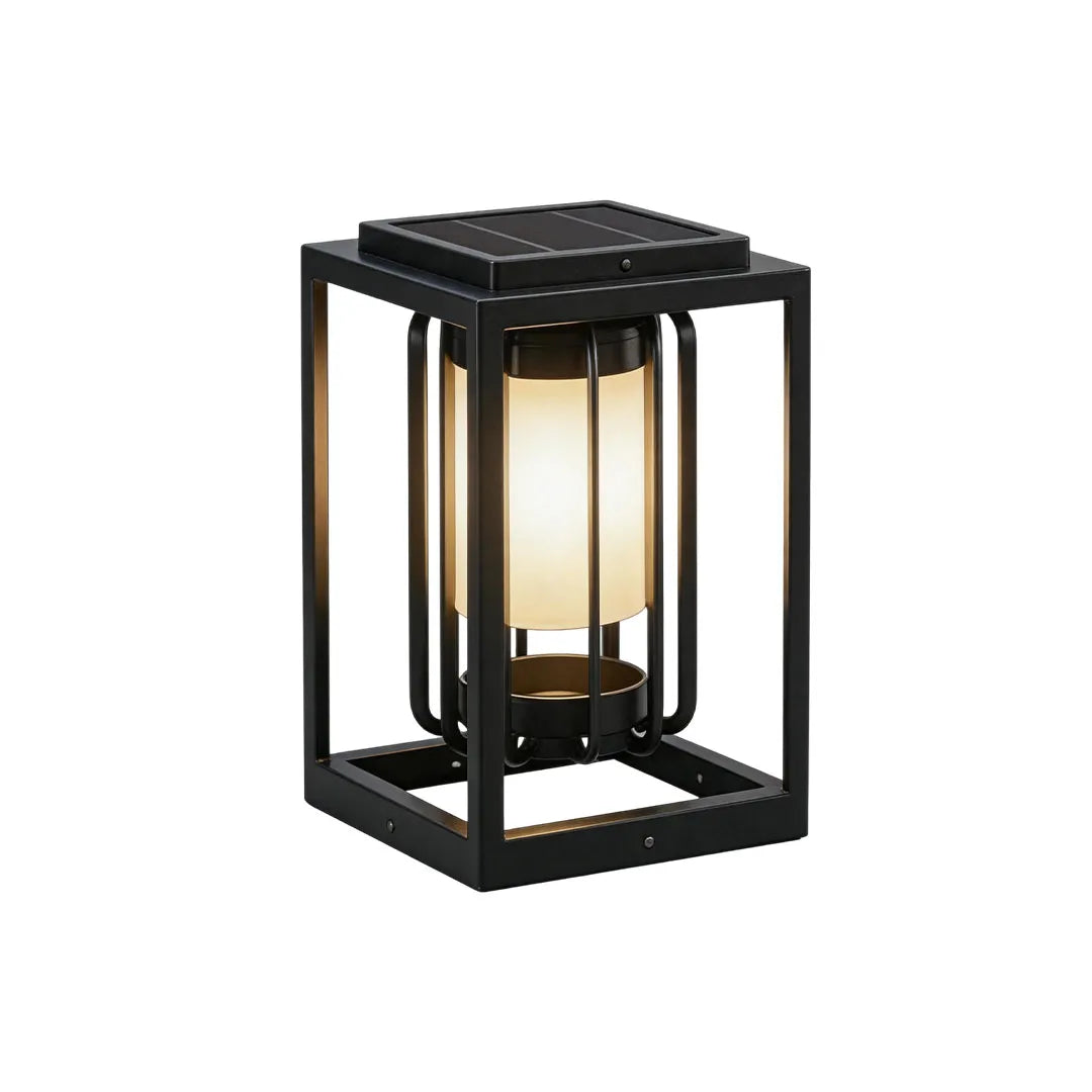 Outdoor lantern light fixture featuring a black geometric frame and frosted cylindrical diffuser.