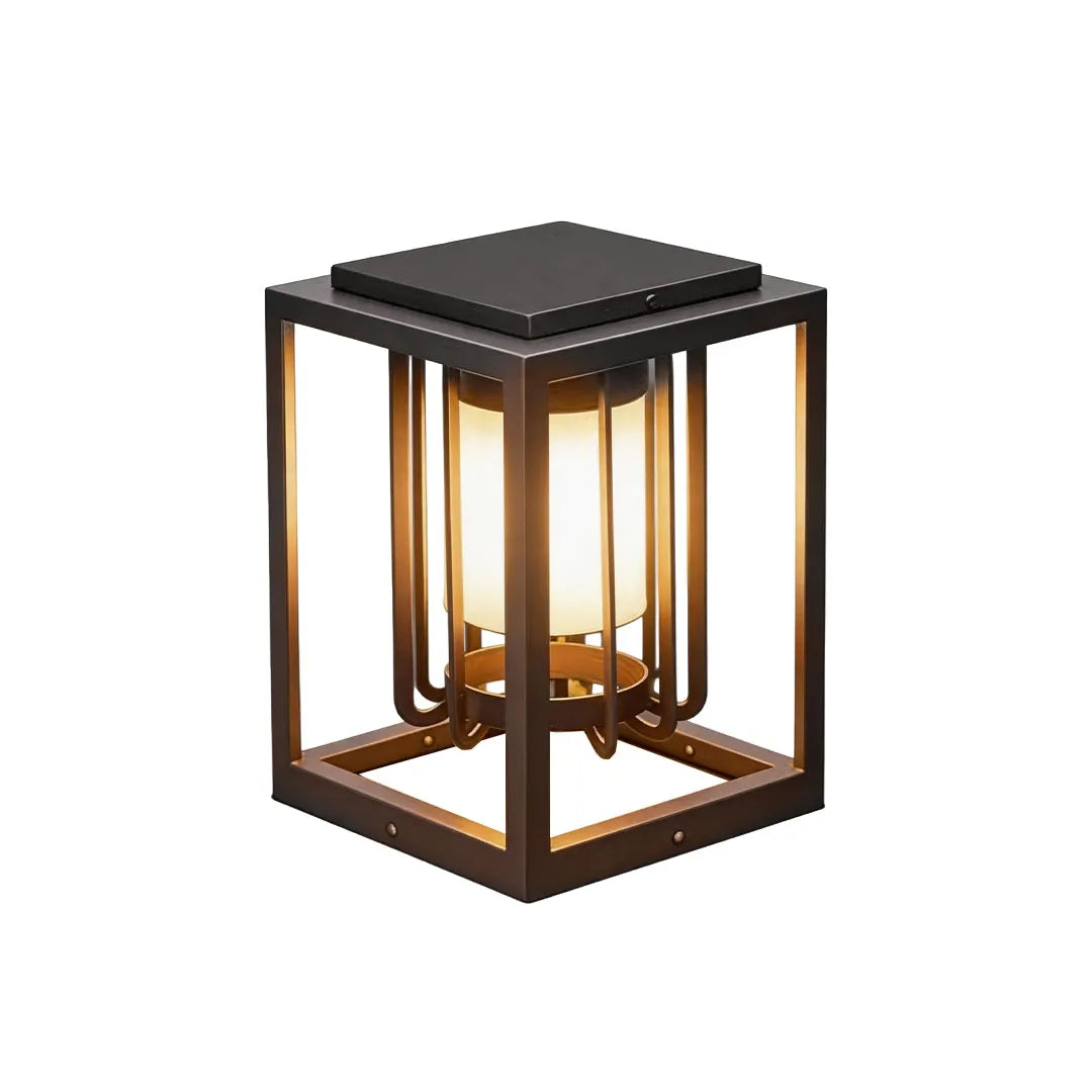 Outdoor lantern light fixture in a clean product view with a square frame and warm interior glow.