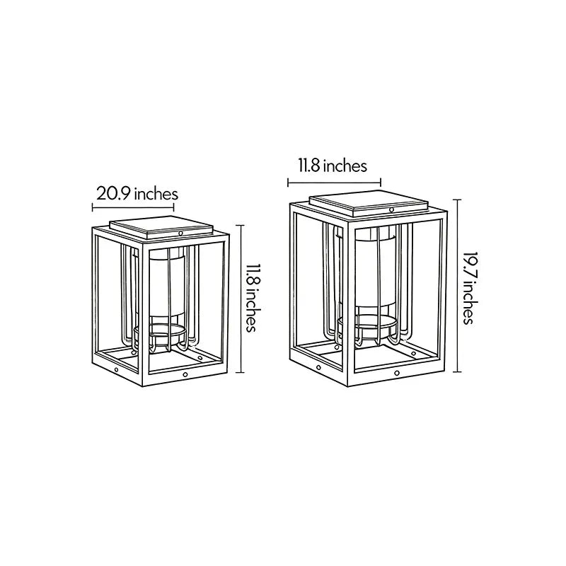 Outdoor lantern light fixture dimension diagram showing two size options and overall fixture measurements.