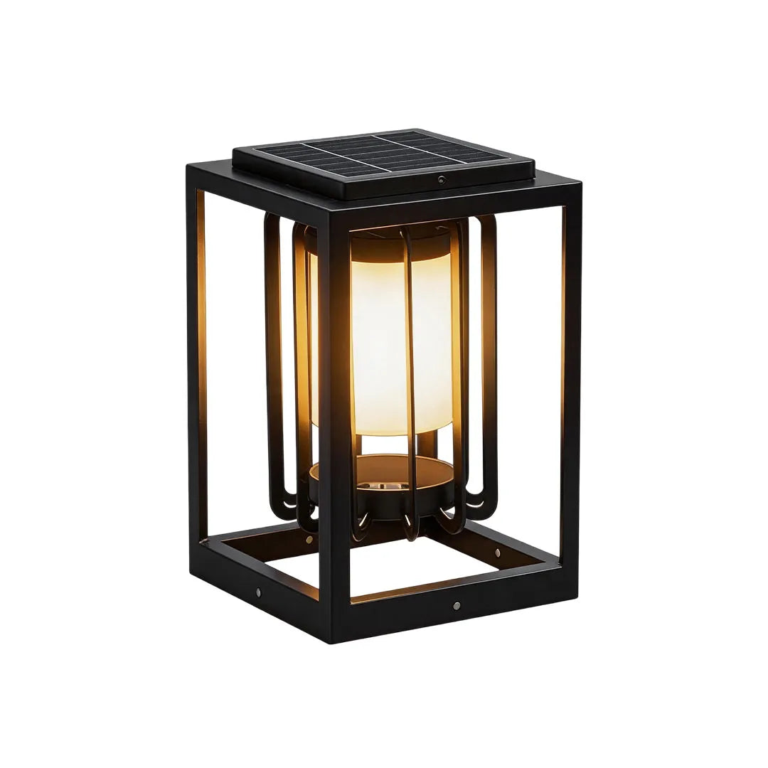 Solar outdoor lantern light fixture with a square black frame and textured top panel.